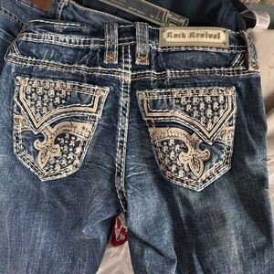 Rock Revival Dark Blue Boot Cut Jeans with Embellished Pockets